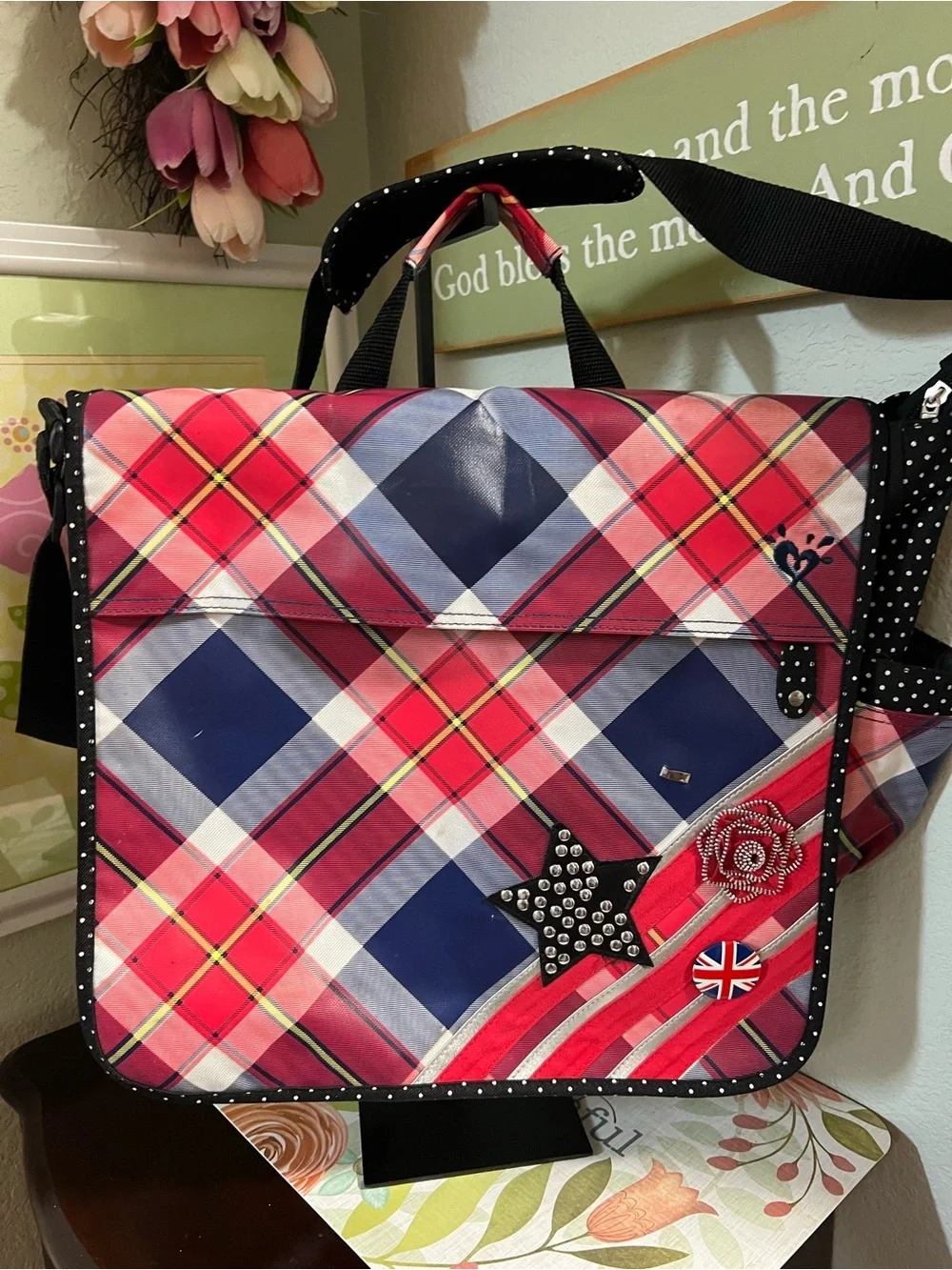 Justice Pink Navy Plaid Laptop Messenger Bag with Star Stud & Union Jack